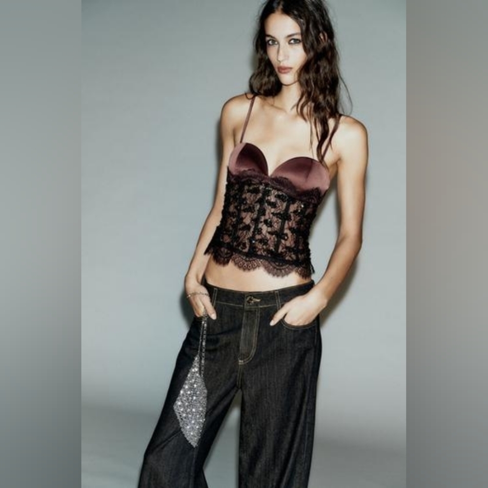 Zara SEQUIN LACE CORSET TOP - Picture 6 of 15